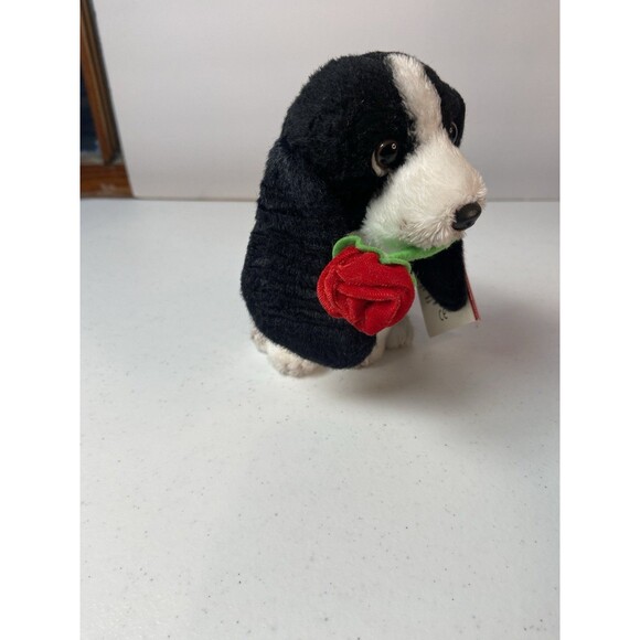 Russ Berrie 5” Black White Puppy Plush w/ Red Rose Small Valentine Gift Toy - Picture 9 of 16